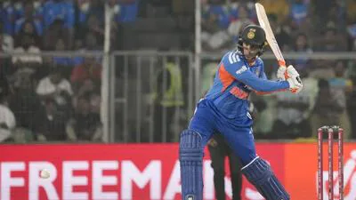 Abhishek Sharma plays a shot during the fifth T20I 1770045933492