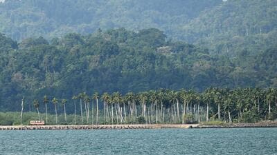 Commuters ride a bus past Campbell Bay at Great Ni 1776997093084