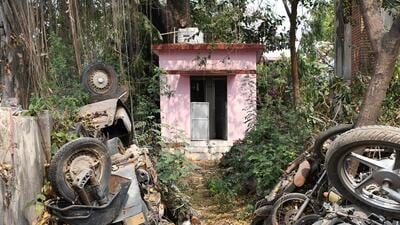 A pink toilet in Mahanagar surrounded by woods and 1777833102304