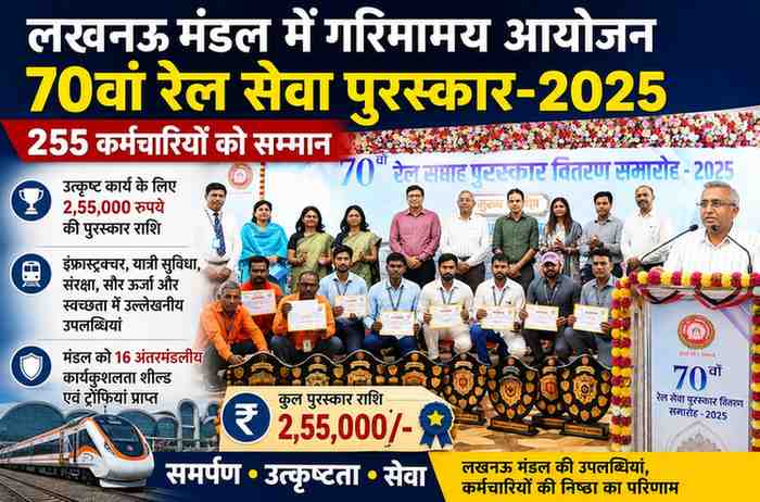 70वें रेल सेवा पुरस्कार-2025 समारोह में लखनऊ मंडल के कर्मचारियों का सम्मान उत्कृष्ट कार्यों, संरक्षा, यात्री सुविधाओं एवं नवाचारों के लिए 255 कर्मचारियों को मिला पुरस्कार