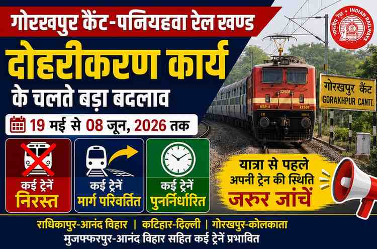 गोरखपुर कैण्ट-पनियहवा रेल खण्ड पर दोहरीकरण कार्य के चलते कई ट्रेनें निरस्त, मार्ग परिवर्तित एवं पुनर्निर्धारित