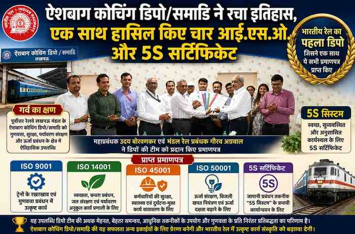 ऐशबाग कोचिंग डिपो/समाडि ने रचा इतिहास, एक साथ हासिल किए चार आई.एस.ओ. और 5S सर्टिफिकेट
