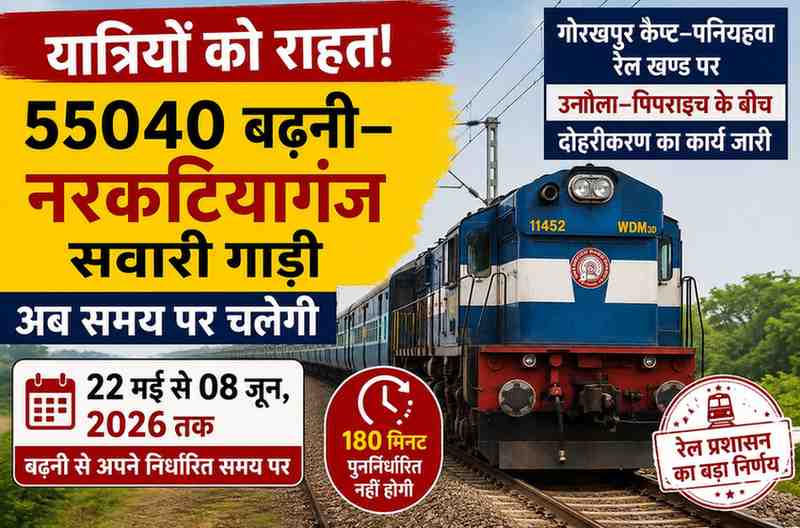 दोहरीकरण कार्य के बीच यात्रियों को राहत, 55040 बढ़नी-नरकटियागंज सवारी गाड़ी अब समय पर चलेगी