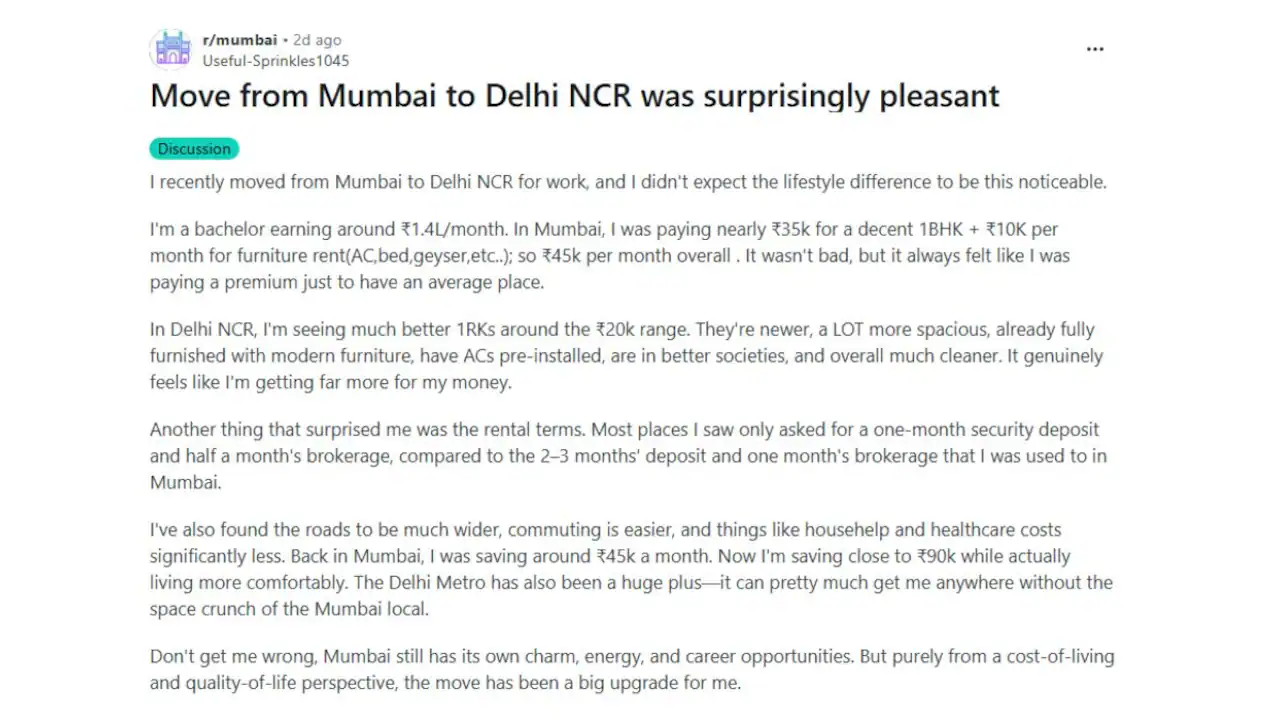 Reddit उपयोगकर्ता का कहना है कि मुंबई से दिल्ली NCR जाने से जीवन की गुणवत्ता में सुधार हुआ है, बहस छिड़ गई है