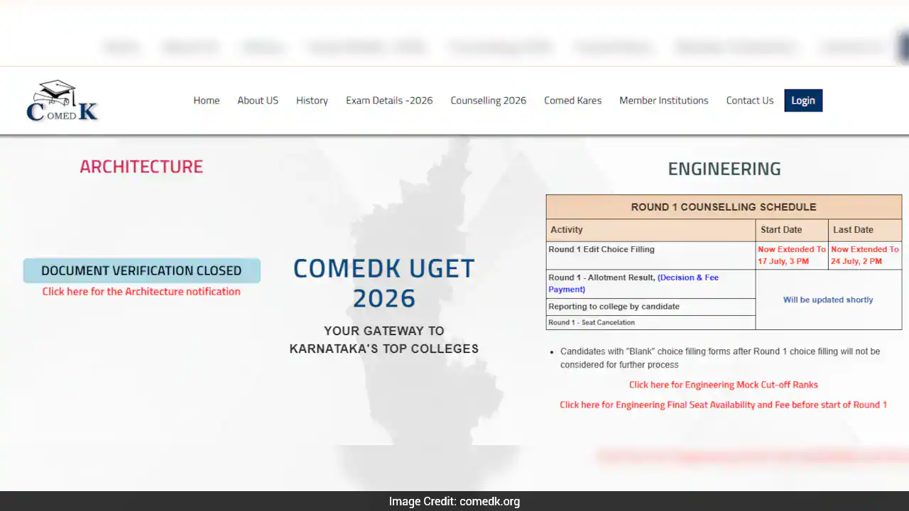 COMEDK काउंसलिंग 2026: बीटेक चॉइस भरने की समय सीमा 24 जुलाई तक बढ़ाई गई 2 COMEDK काउंसलिंग 2026: बीटेक चॉइस भरने की समय सीमा 24 जुलाई तक बढ़ाई गई